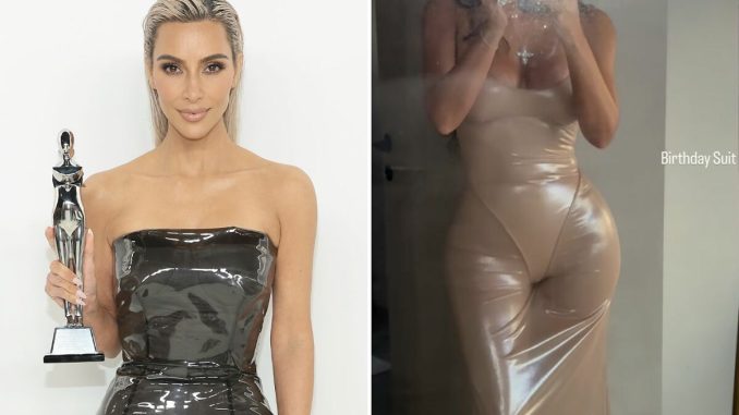 Kim Kardashian Poses In A Daring Latex Bodysuit And See-Through Skirt For Her 44th Birthday
