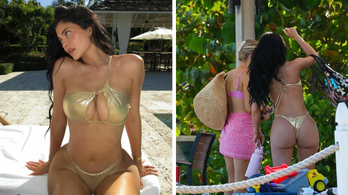Netizens Suspicious As Kylie Jenner Flaunts Round Butt In A Revealing Golden Bikini